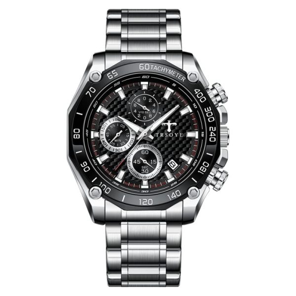 Trsoye 6617 Quartz Watch for Men – Silver Chain & Black Dial