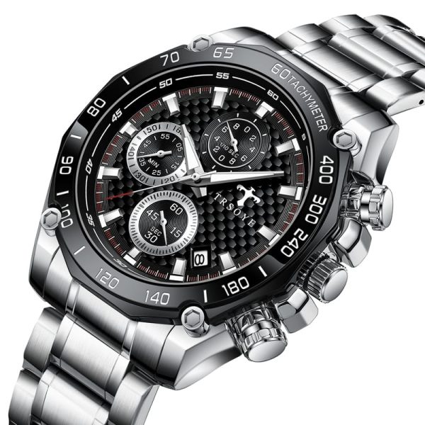 Trsoye 6617 Quartz Watch for Men – Silver Chain & Black Dial - Image 3