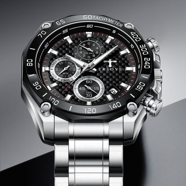 Trsoye 6617 Quartz Watch for Men – Silver Chain & Black Dial