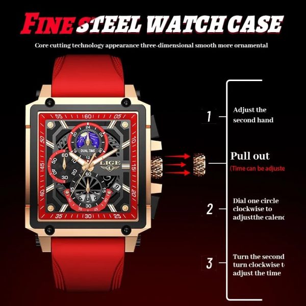 Lige Red Color Top Brand Men's Luxury Silicone Quartz Watch Sports Watches Date Clock Waterproof Wristwatch Chronograph - Image 3